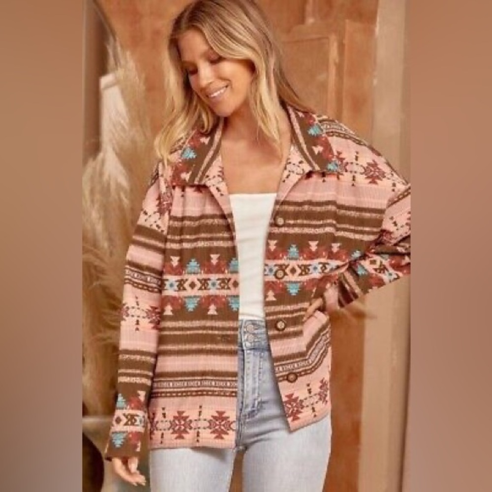 Savanna Jane Pink Button Jacket Shacket Pockets Western Aztec Lagen Boxy Small